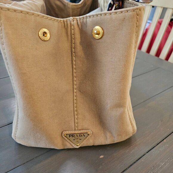 Prada Women's Beige Enameled Metal Triangle Canapa Tote Bag With Twilly - Picture 8 of 15